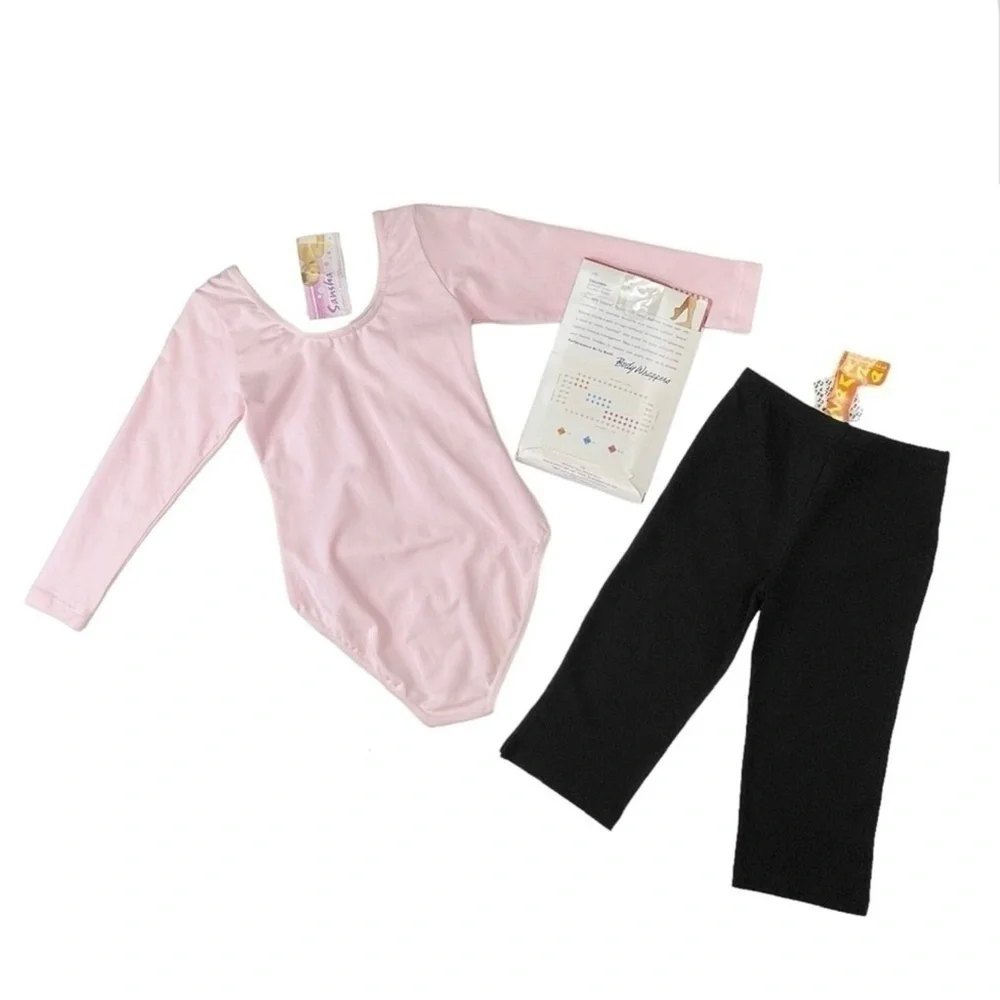 Girls Size 12 Sansha Pink Leotard Black Crop Pant Body Wrappers Bloch Tights NWT